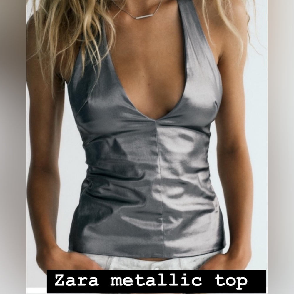 Zara Silver Metallic V-Neck Tank Top